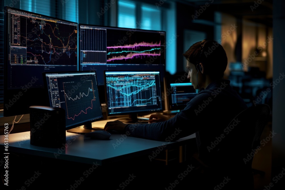 A data scientist fine-tuning a neural network model on a powerful workstation, with cascades of data flowing across the screen A data scientist fine-tuning a neural network model on a powerful workstation, with cascades of data flowing across the screen