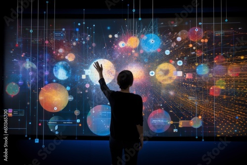 A data scientist examining a massive dataset on a transparent touch screen interface, with colorful data points floating in the air