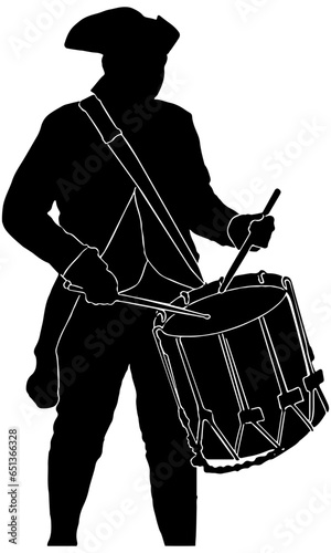 American Revolutionary War soldier drumming, silhouette in black, isolated 