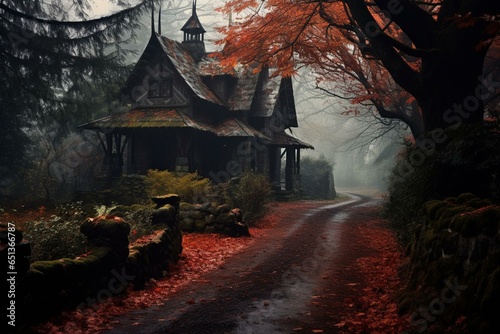 Mysterious autumn in Sleepy Hollow with eerie vibes amidst fall colors. Generative AI