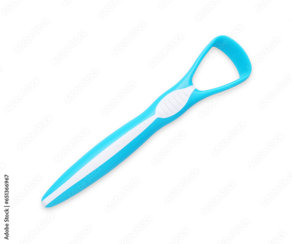 One light blue tongue cleaner isolated on white, top view. Dental care One light blue tongue cleaner isolated on white, top view. Dental care