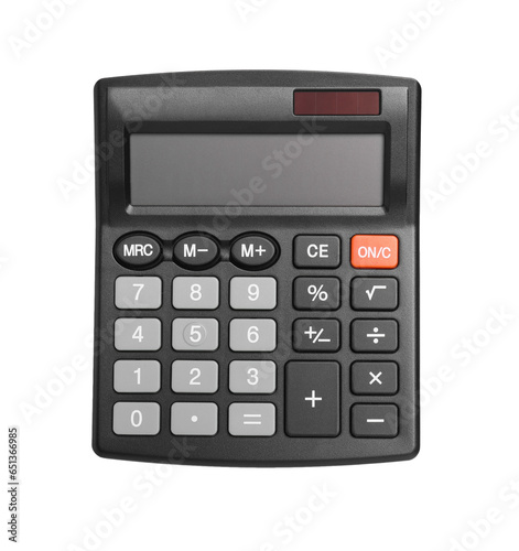 Black calculator isolated on white, top view. Office stationery