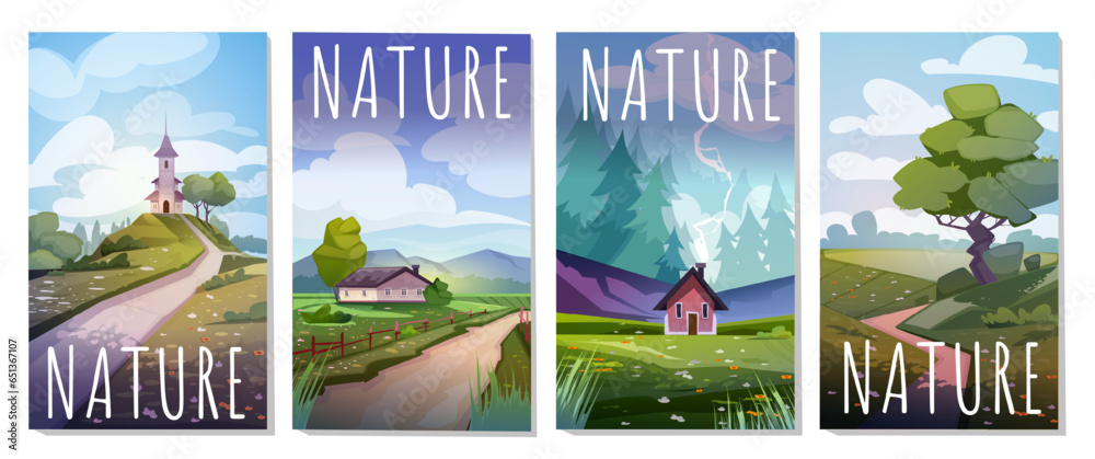 Posters with nature set. Colorful banners with forest landscape and plants, countryside small houses and green glade, trees and hills. Cartoon flat vector collection isolated on white background