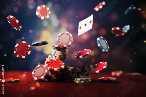 Illustration of falling casino chips in a realistic poker casino theme. Generative AI photo