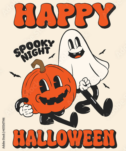 cartoon retro pumpkin and ghost  perfect for your halloween event, tshirt ,gift , and merchandise