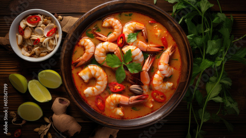 tom yum kung top view on the wooden table Top View Tom Yam Kong or Tom Yum Thai Dish Cuisine Thai food