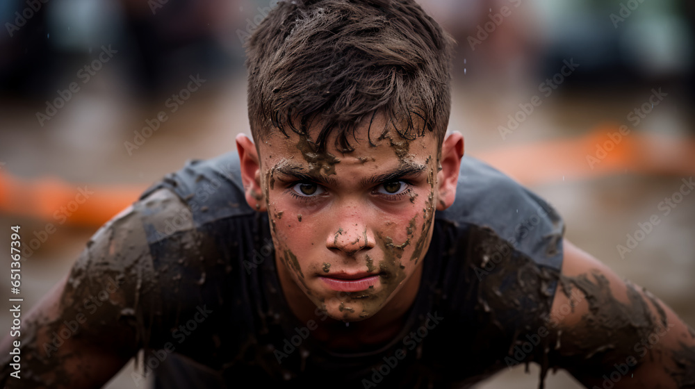 a boy with focused determination, navigating a challenging obstacle course during a tough mudder event, showcasing his strength and resilience