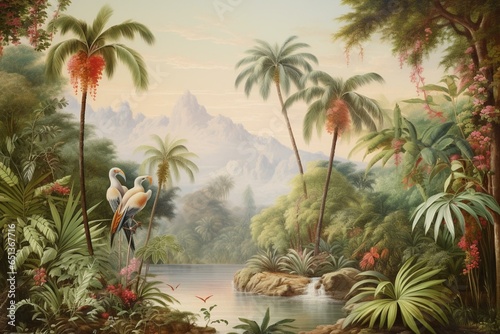 A vibrant tropical scene featuring lush palm trees, birds, and winding rivers in an ancient-style white painting. Generative AI