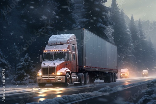 Large truck hauling cargo in a refrigerated trailer on a wet road surrounded by snowy trees. Generative AI photo