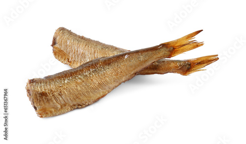Photos Two tasty smoked sprats isolated on white