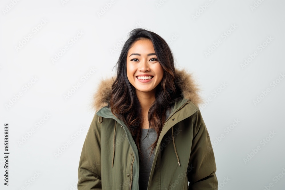 Group portrait photography of a Vietnamese woman in her 30s wearing a warm parka against a white background Group portrait photography of a Vietnamese woman in her 30s wearing a warm parka against a white background