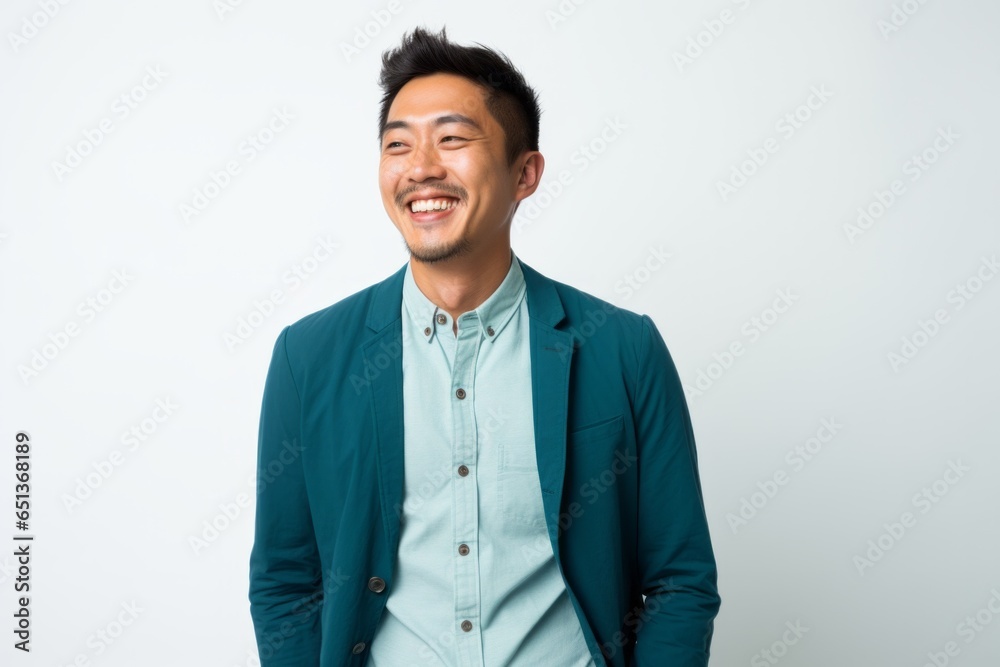 Lifestyle portrait photography of a Vietnamese man in his 30s against a white background Lifestyle portrait photography of a Vietnamese man in his 30s against a white background