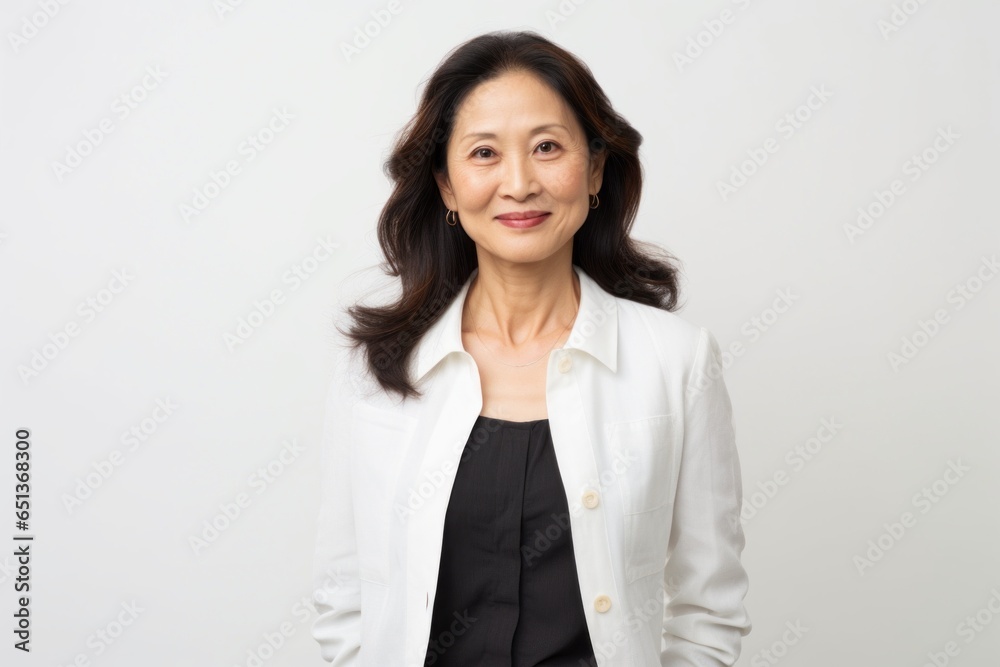 Group portrait photography of a serious Vietnamese woman in her 40s against a white background Group portrait photography of a serious Vietnamese woman in her 40s against a white background