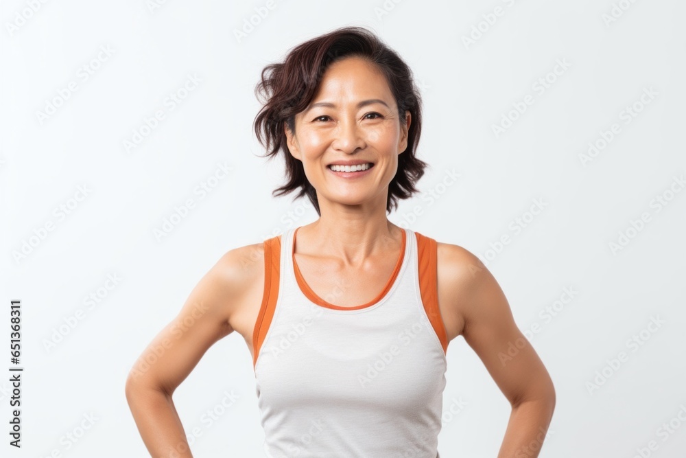 Medium shot portrait photography of a Vietnamese woman in her 40s wearing a sporty tank top against a white background