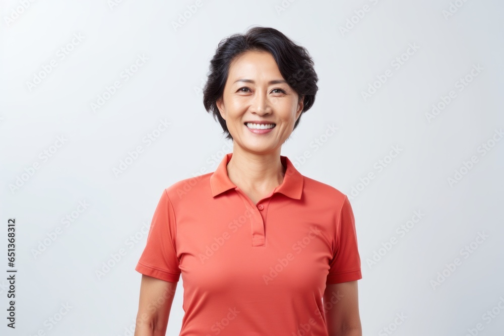 Medium shot portrait photography of a Vietnamese woman in her 40s wearing a sporty polo shirt against a white background