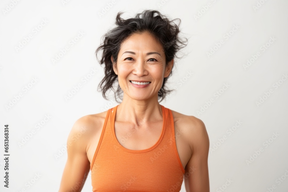 Medium shot portrait photography of a Vietnamese woman in her 40s wearing a sporty tank top against a white background Medium shot portrait photography of a Vietnamese woman in her 40s wearing a sporty tank top against a white background