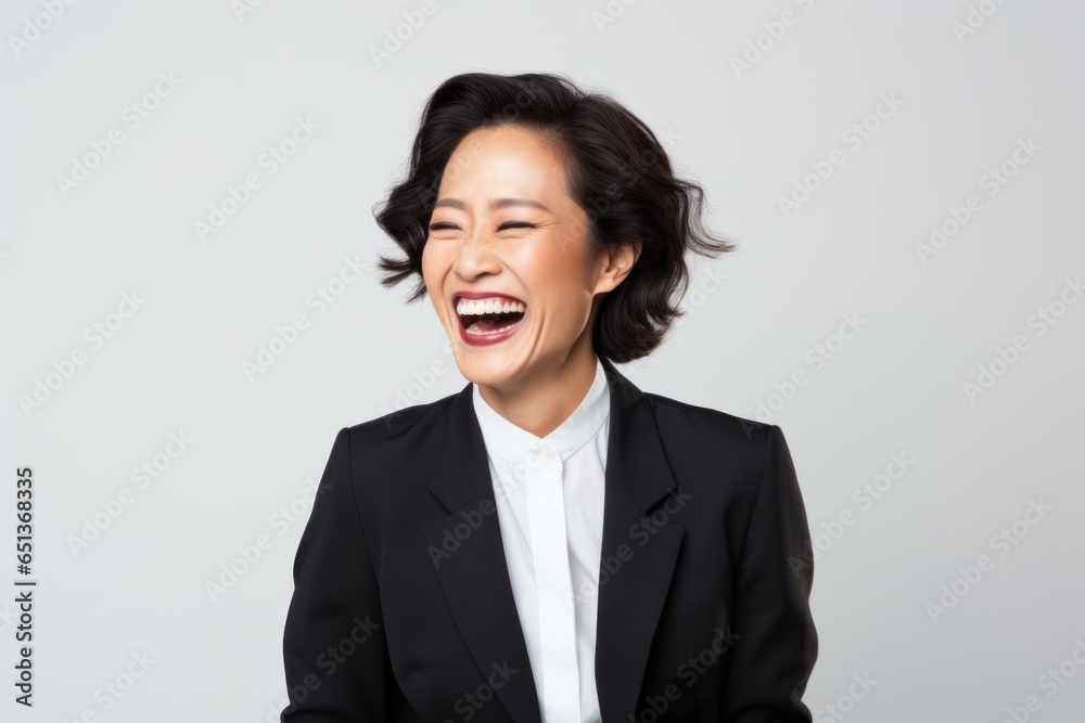 Portrait photography of a cheerful Vietnamese woman in her 40s wearing a sleek suit against a white background Portrait photography of a cheerful Vietnamese woman in her 40s wearing a sleek suit against a white background