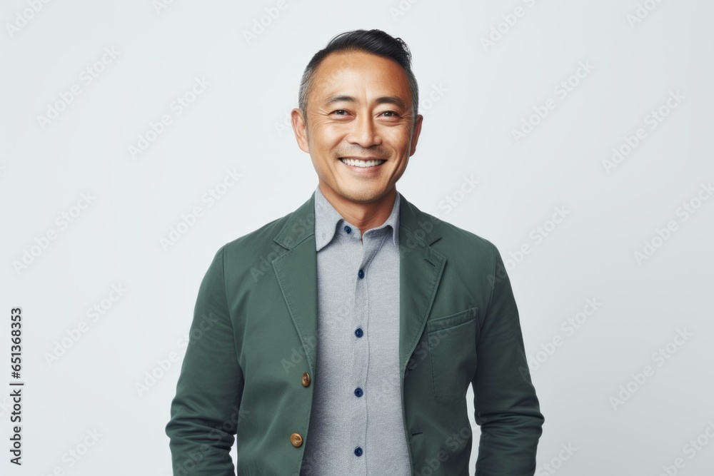 Medium shot portrait photography of a happy Vietnamese man in his 40s against a white background Medium shot portrait photography of a happy Vietnamese man in his 40s against a white background