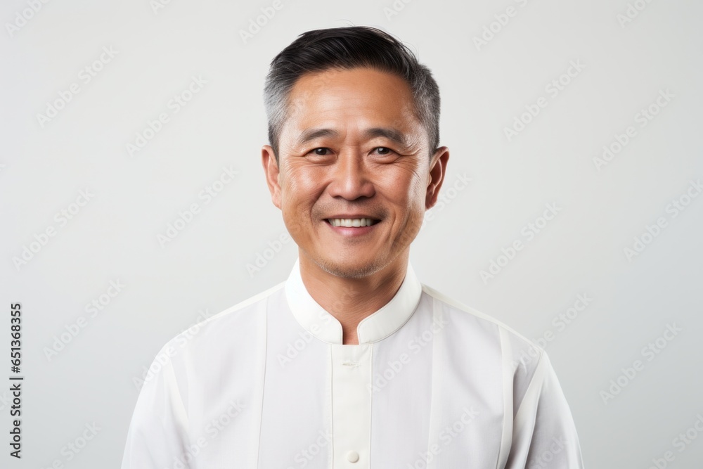 Medium shot portrait photography of a happy Vietnamese man in his 40s against a white background Medium shot portrait photography of a happy Vietnamese man in his 40s against a white background