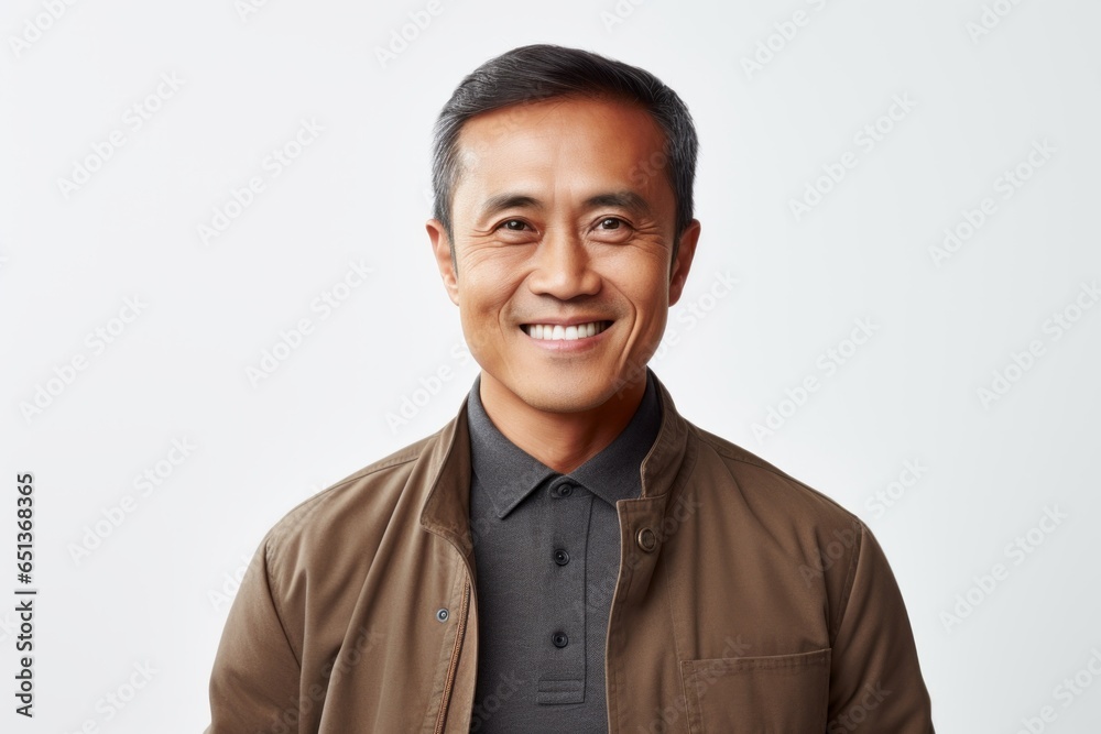 Medium shot portrait photography of a happy Vietnamese man in his 40s against a white background Medium shot portrait photography of a happy Vietnamese man in his 40s against a white background