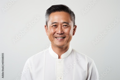 Medium shot portrait photography of a happy Vietnamese man in his 40s against a white background