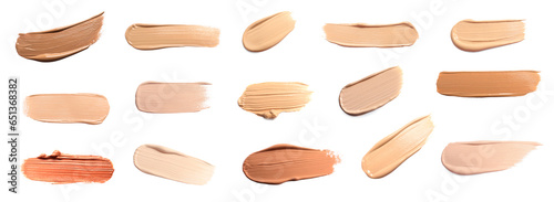 Foundation of different textures and shades for various skin types isolated on white. Set with samples of makeup product