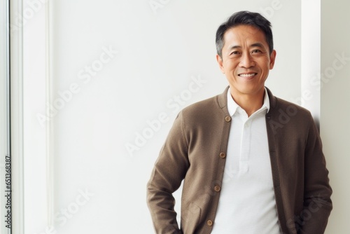 Lifestyle portrait photography of a Vietnamese man in his 40s against a white background