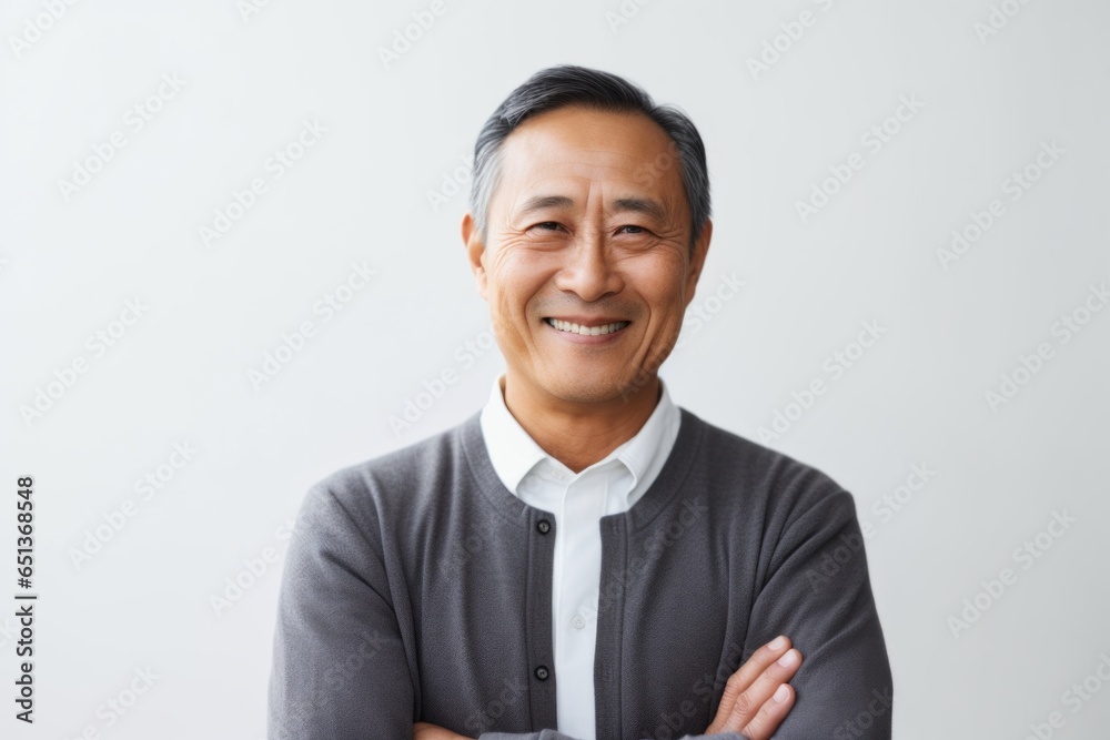Lifestyle portrait photography of a Vietnamese man in his 50s against a white background Lifestyle portrait photography of a Vietnamese man in his 50s against a white background
