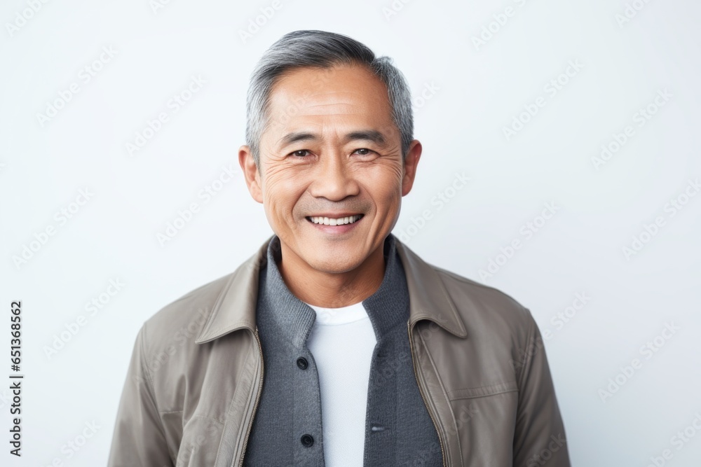 Lifestyle portrait photography of a happy Vietnamese man in his 50s against a white background Lifestyle portrait photography of a happy Vietnamese man in his 50s against a white background