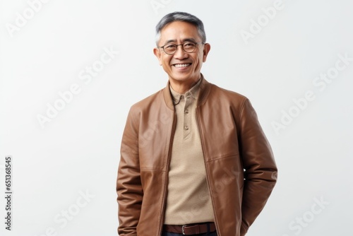 Lifestyle portrait photography of a Vietnamese man in his 50s against a white background