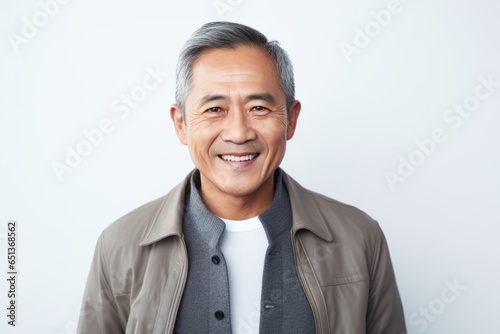Lifestyle portrait photography of a happy Vietnamese man in his 50s against a white background