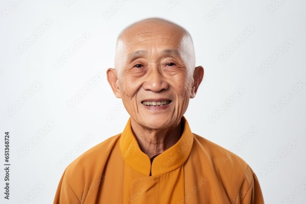 Medium shot portrait photography of a 100-year-old elderly Vietnamese man against a white background Medium shot portrait photography of a 100-year-old elderly Vietnamese man against a white background