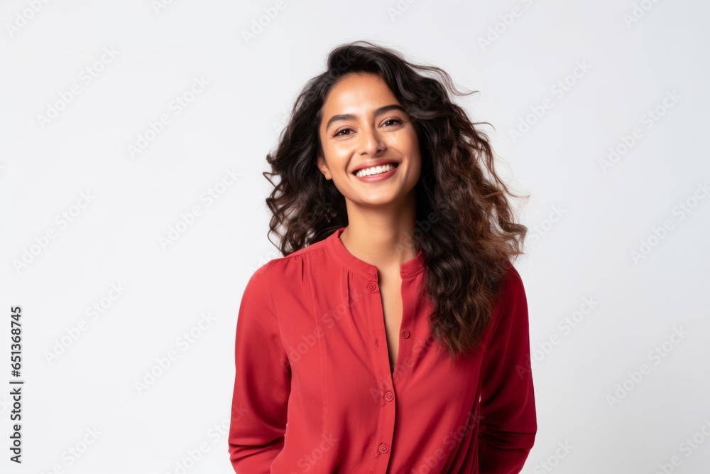 Medium shot portrait photography of a Peruvian woman in her 30s against a white background Medium shot portrait photography of a Peruvian woman in her 30s against a white background