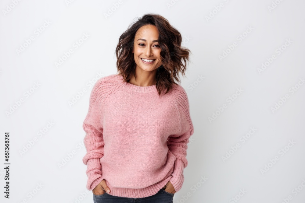 Lifestyle portrait photography of a Peruvian woman in her 30s wearing a cozy sweater against a white background Lifestyle portrait photography of a Peruvian woman in her 30s wearing a cozy sweater against a white background