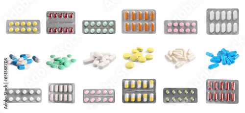 Set with many different pills isolated on white photo
