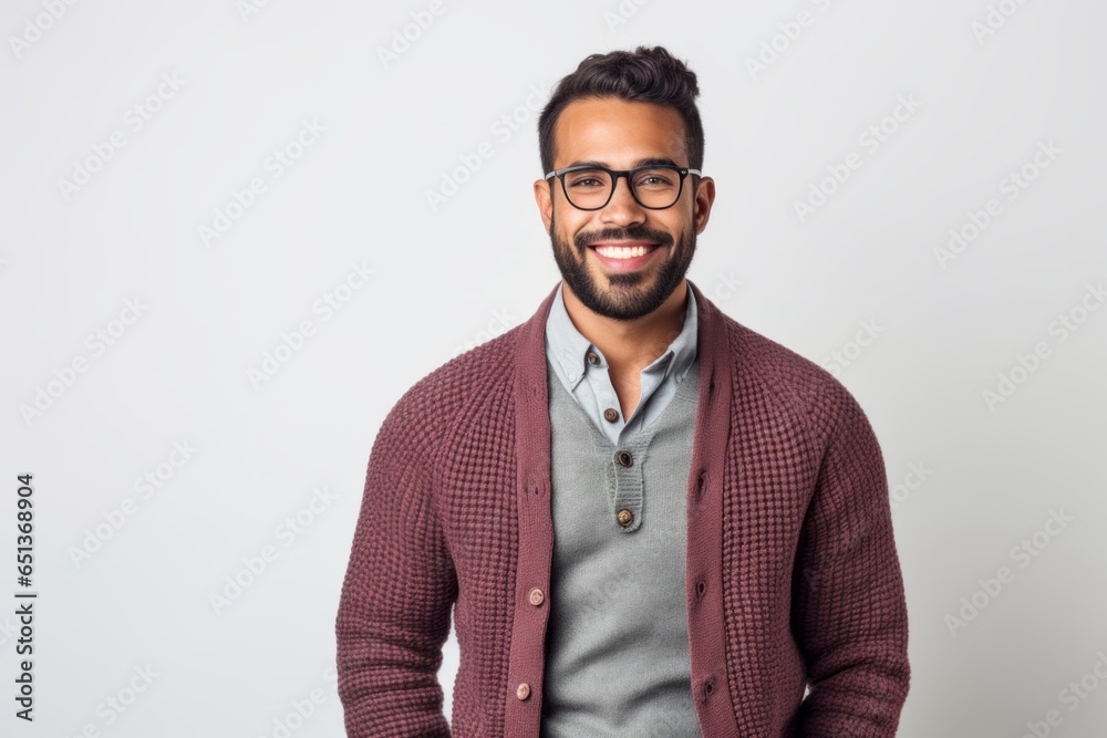 Lifestyle portrait photography of a tender Peruvian man in his 30s against a white background Lifestyle portrait photography of a tender Peruvian man in his 30s against a white background