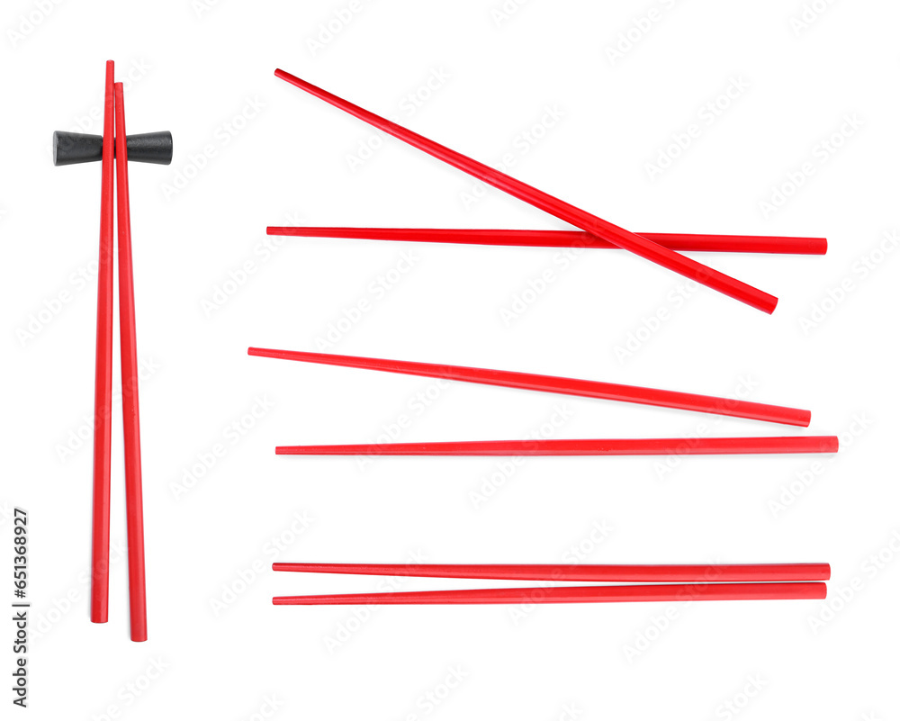 Collage with red chopsticks isolated on white Collage with red chopsticks isolated on white
