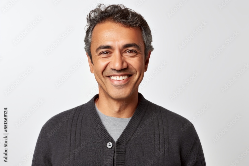 Portrait photography of a happy Peruvian man in his 40s against a white background Portrait photography of a happy Peruvian man in his 40s against a white background