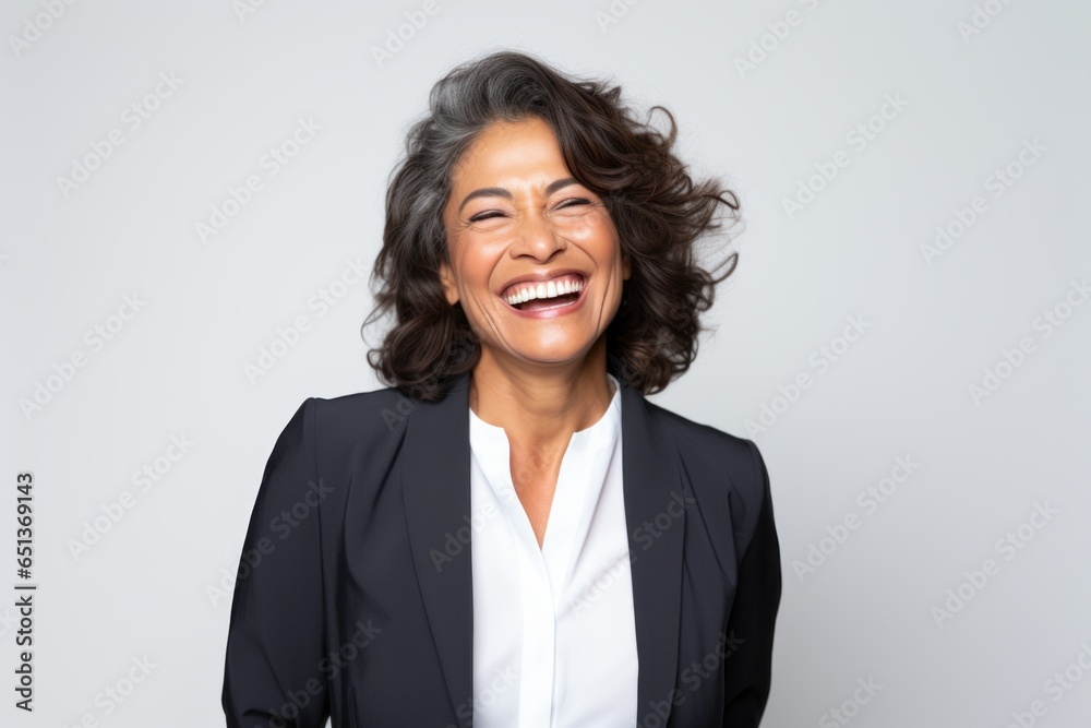 Portrait photography of a happy Peruvian woman in her 50s wearing a classic blazer against a white background Portrait photography of a happy Peruvian woman in her 50s wearing a classic blazer against a white background