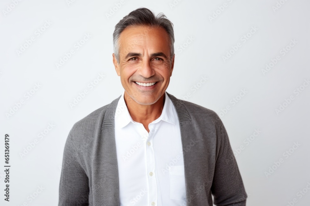 Medium shot portrait photography of a Peruvian man in his 50s against a white background Medium shot portrait photography of a Peruvian man in his 50s against a white background