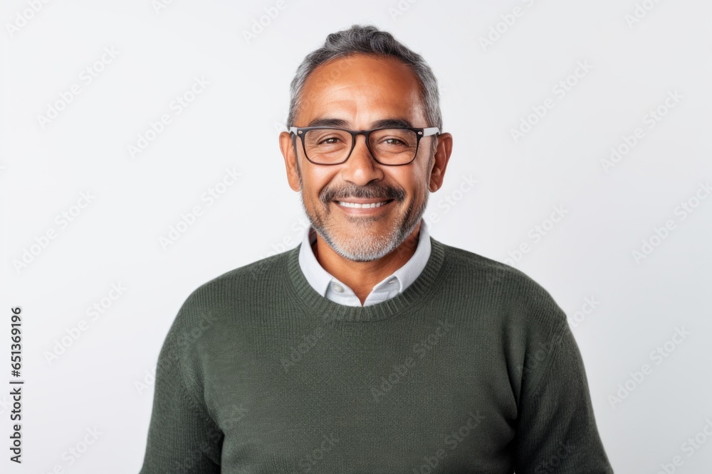 Medium shot portrait photography of a Peruvian man in his 50s against a white background Medium shot portrait photography of a Peruvian man in his 50s against a white background