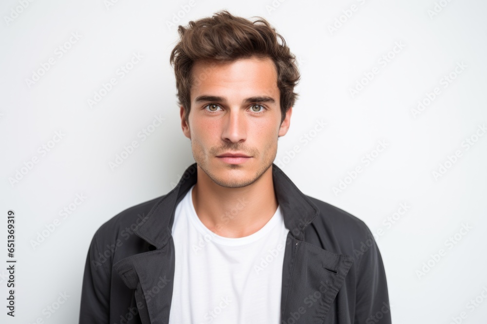 Medium shot portrait photography of a serious French man in his 20s against a white background Medium shot portrait photography of a serious French man in his 20s against a white background