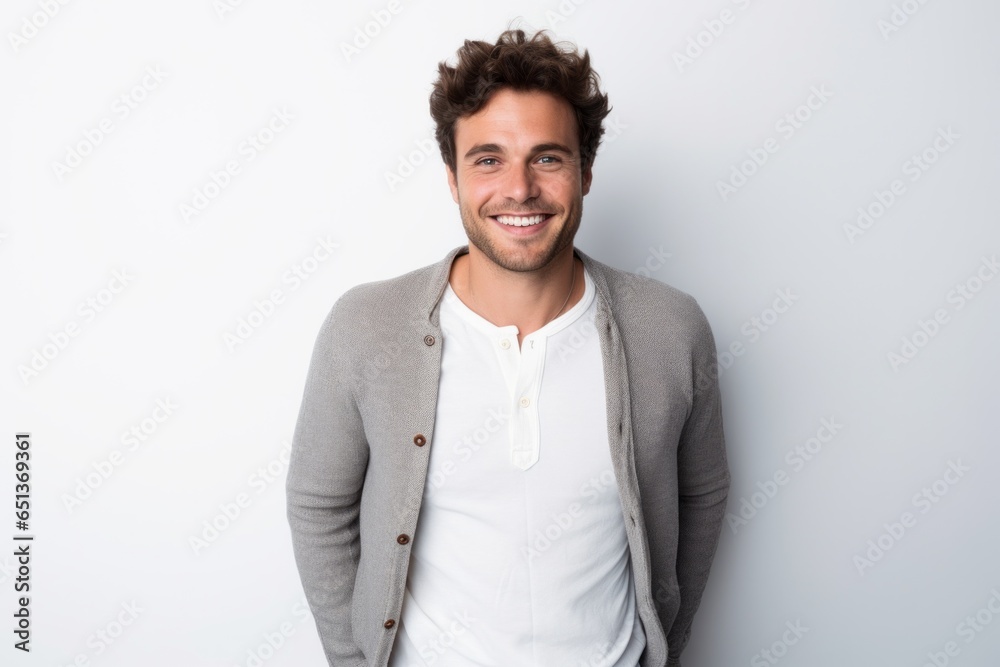 Lifestyle portrait photography of a French man in his 20s against a white background Lifestyle portrait photography of a French man in his 20s against a white background