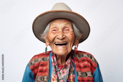Medium shot portrait photography of a happy 100-year-old elderly Peruvian woman against a white background