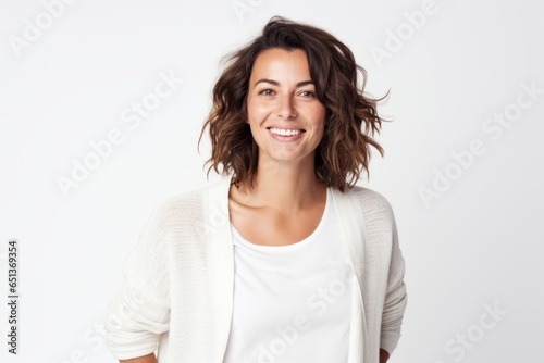 Group portrait photography of a French woman in her 30s against a white background