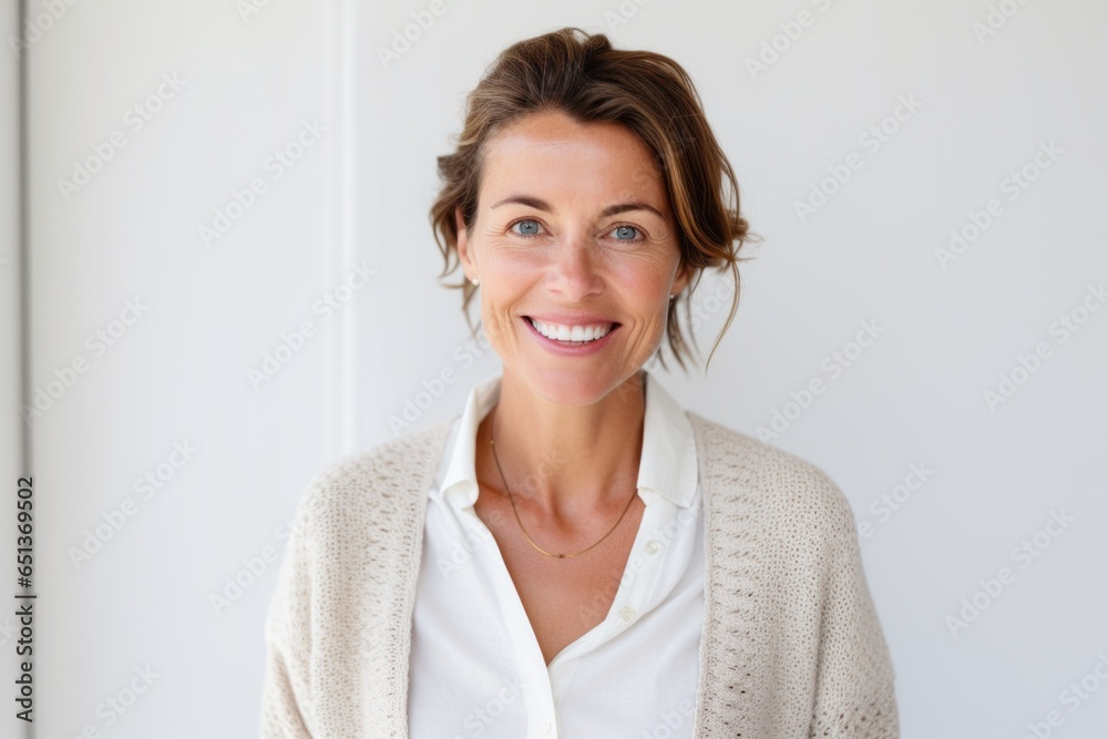 Portrait photography of a cheerful French woman in her 40s against a white background Portrait photography of a cheerful French woman in her 40s against a white background