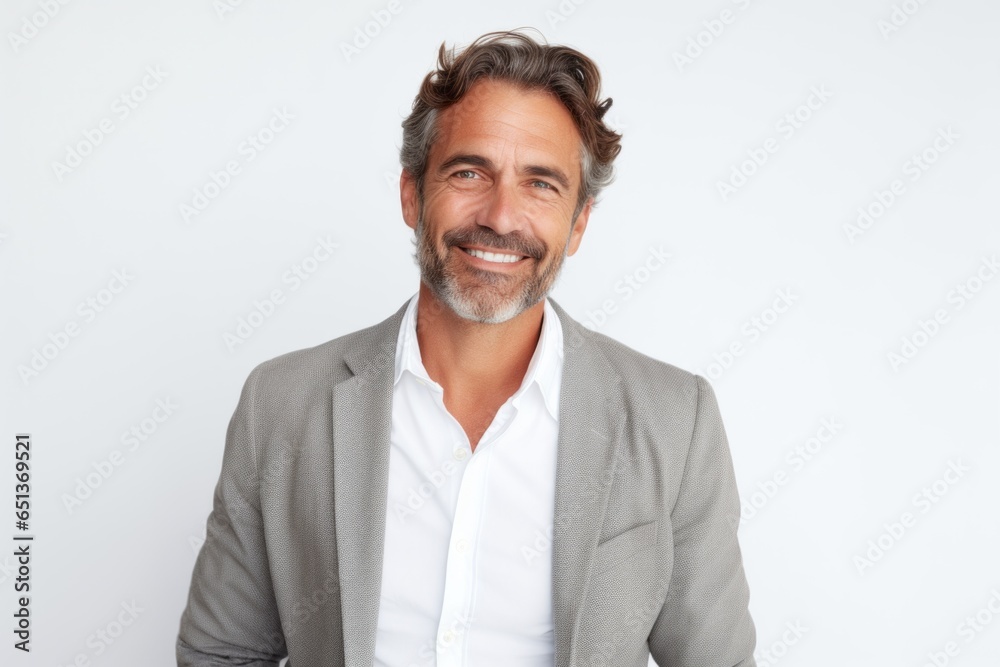 Medium shot portrait photography of a French man in his 40s against a white background Medium shot portrait photography of a French man in his 40s against a white background