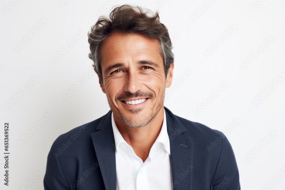 Medium shot portrait photography of a French man in his 40s against a white background Medium shot portrait photography of a French man in his 40s against a white background