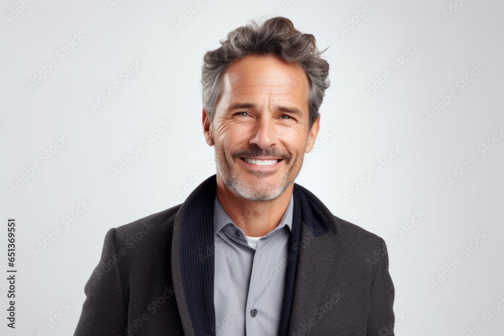Medium shot portrait photography of a French man in his 40s against a white background Medium shot portrait photography of a French man in his 40s against a white background
