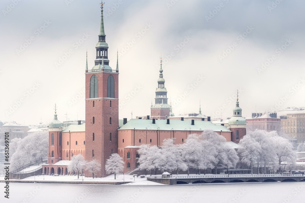 Winter scene of Stockholm's city hall. Generative AI